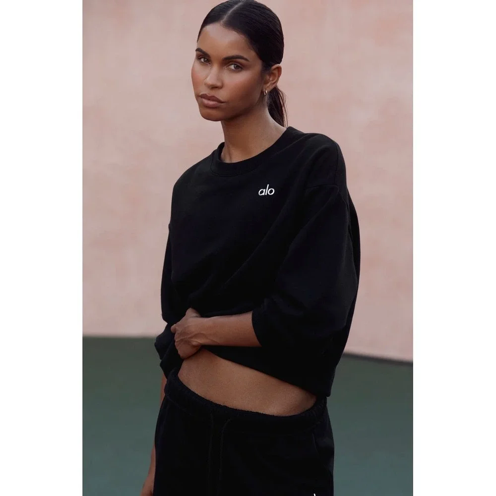 Alo Yoga Accolade Crew Neck Pullover Black French Terry Sweatshirt Small